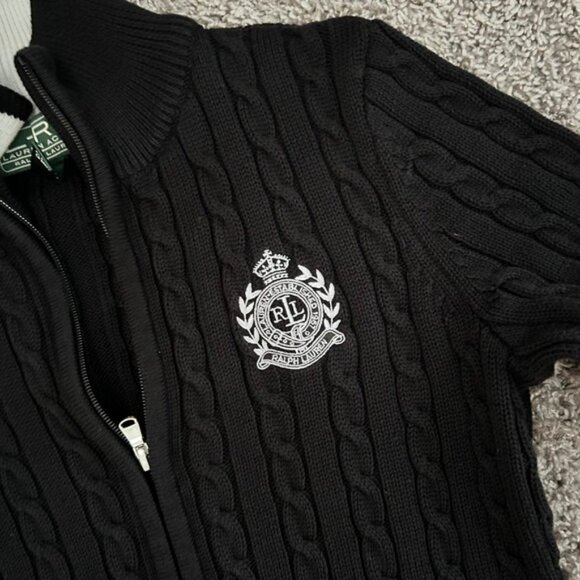 Ralph Lauren Black Cable Knit Full Zip Sweater Jacket RL Crest Logo vintage M - Picture 2 of 7